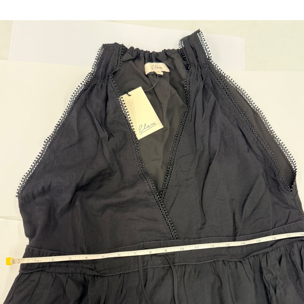 Elan Black Crochet Lace Trim Tiered Maxi Dress Halter V-Neck Tassel Accent Large - Picture 7 of 13